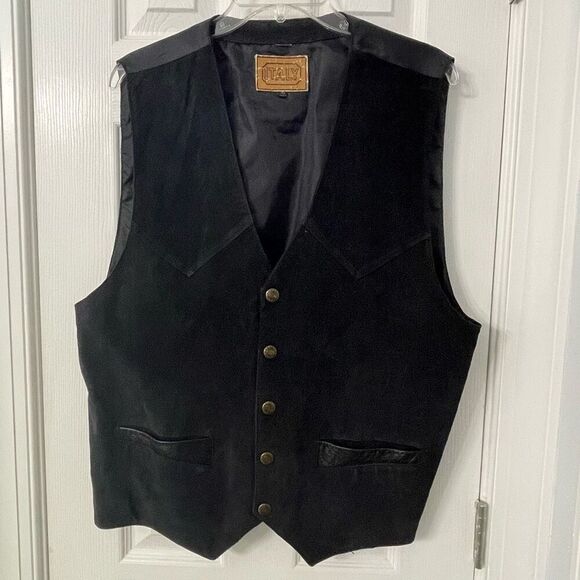 Men’s Italy Black Genuine Leather Vest XL Western Button Front Lined Cowboy Styl - Picture 1 of 12